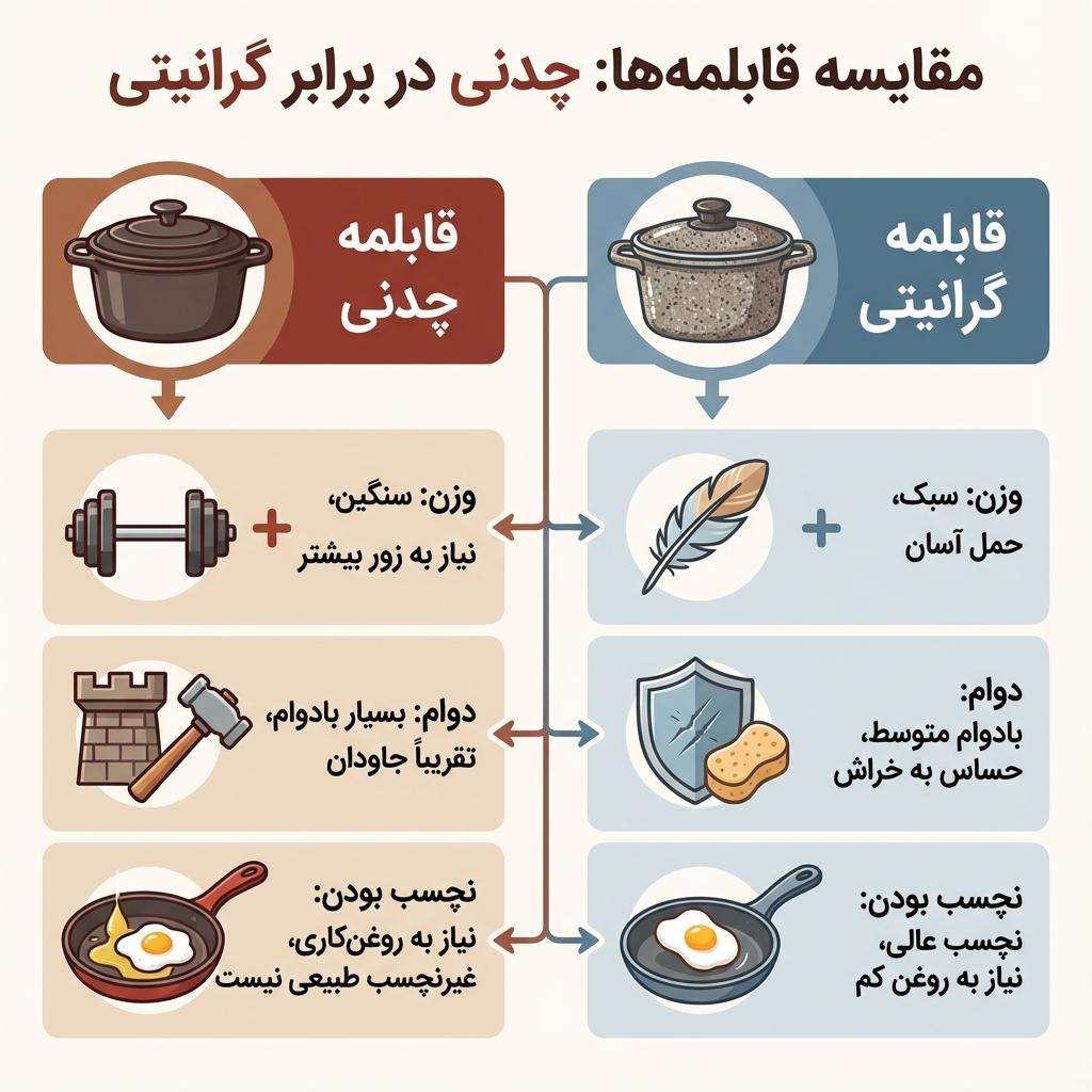 مقایسه سریع ویژگی‌های قابلمه چدنی و گرانیتی