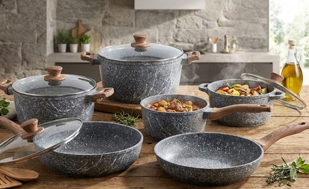 سرویس کامل ظروف پخت و پز گرانیتی با طرح سنگ