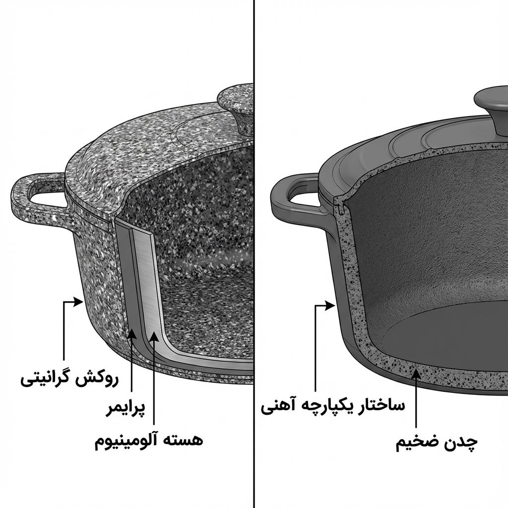 مقایسه ساختار لایه‌ای قابلمه گرانیتی و ساختار یکپارچه چدنی