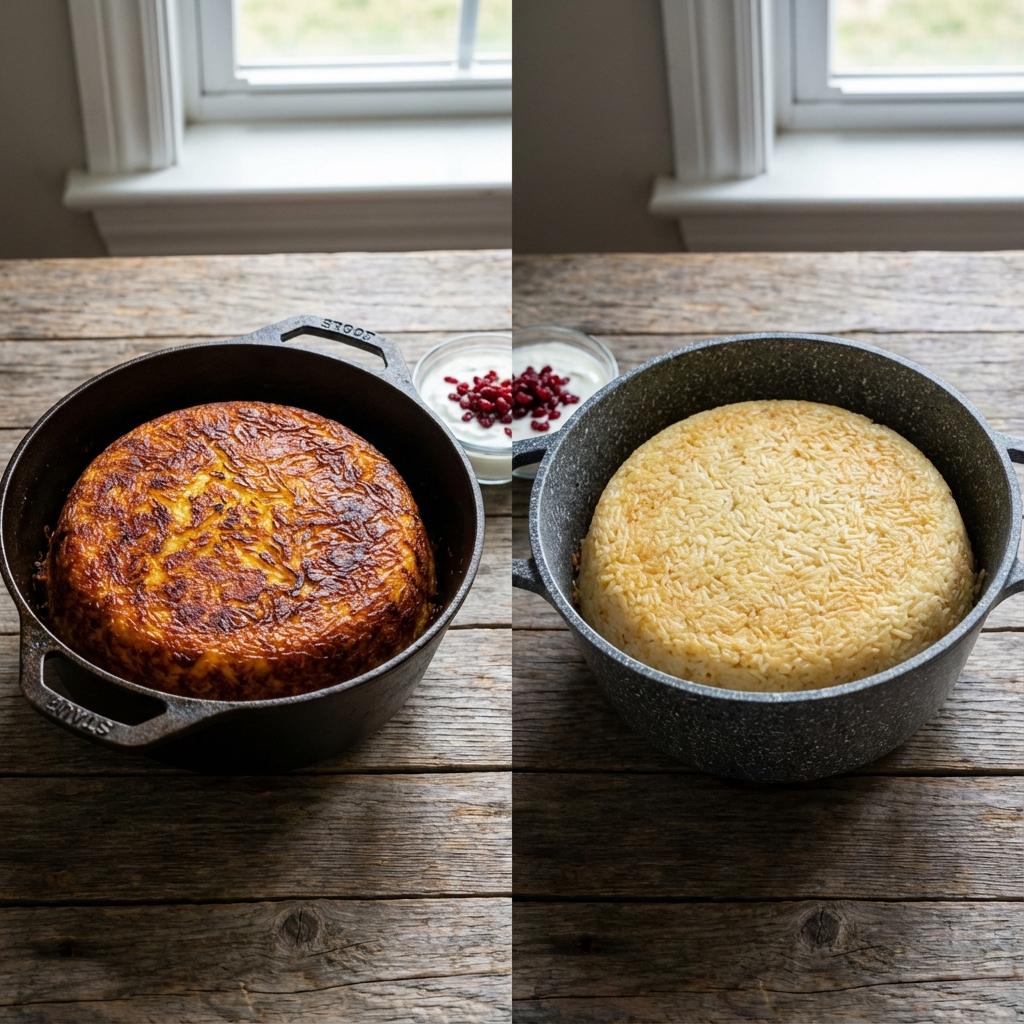 نتیجه و تفاوت پخت ته‌چین در قابلمه چدنی و گرانیتی